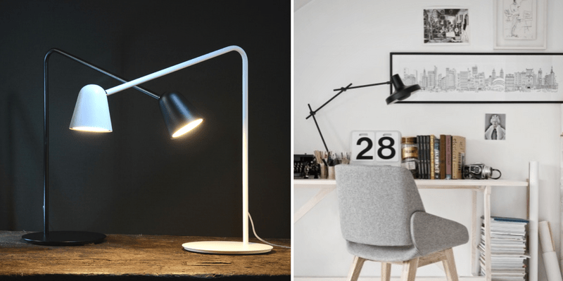 biurkowa lampa w nowoczenym stylu, czarna i biała, metalowa