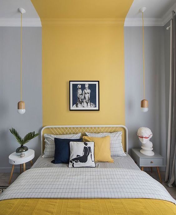 szaro-żółta sypialnia nowoczesna
