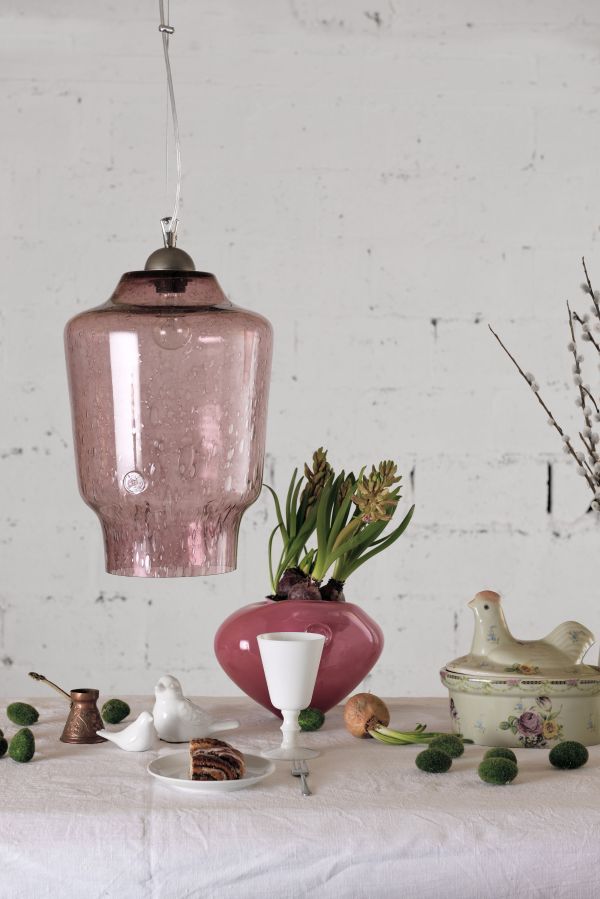 Oryginalna lampa nad stół szklany klosz pudrowy róż