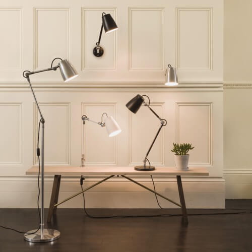 nowoczesne lampy z regulowanymi kloszami i ramionami, proste, współczesne kształty, minimalistyczny design