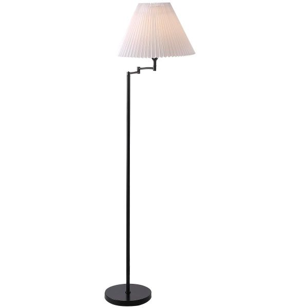elegancka lampa podłogowa z białym, plisowanym kloszem i czarną podstawą z regulacją, lampa do salonu i do sypialni