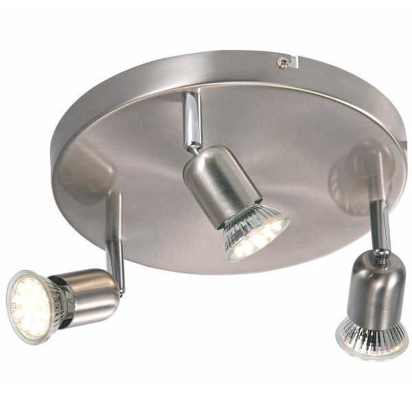 lampa sufitowa srebrna, trzy reflektory na okrągłej podstawie