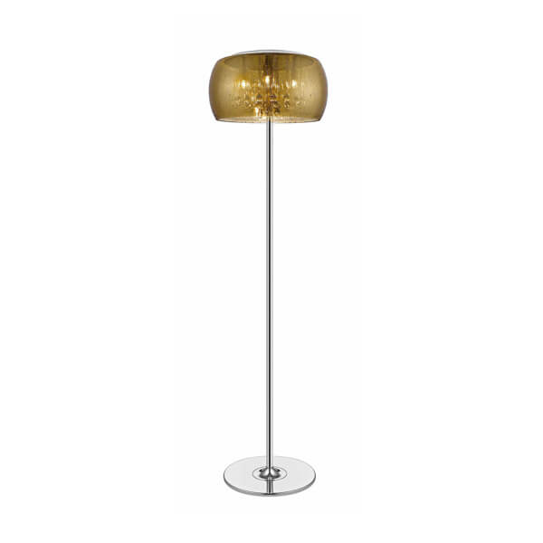 lampa podłogowa w stylu glamour, złoty klosz z efektem deszczu ozdobiony wewnątrz kryształkami
