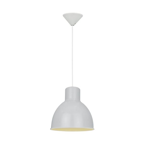biała lampa wisząca z metalowym kloszem otwartym na dół, styl skandynawski i industrialny