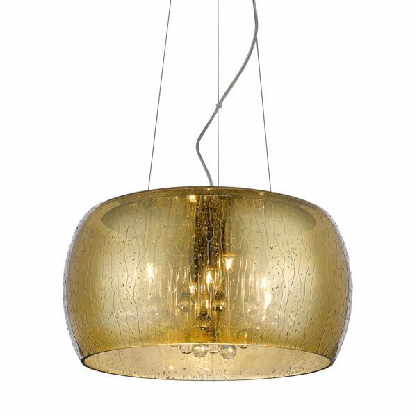 złota lampa wisząca ze szklanym kloszem z efektem kropli deszczu