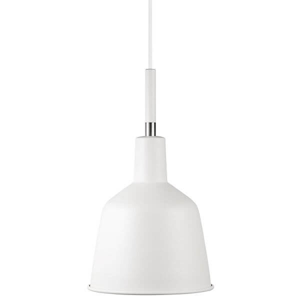 biała lampa wisząca w stylu skandynawskim, mały klosz z metalu