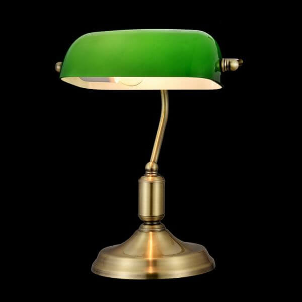 stylowa lampa biurkowa z zielonym kloszem, jak w bibliotece