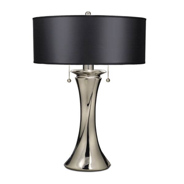 lampa stołowa z oryginalną, srebrną podstawą i czarnym abażurem