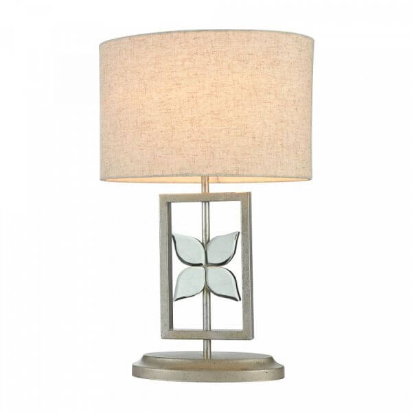 lampa stołowa z beżowym abażurem i ażurową podstawą ze szklanym kwiatkiem