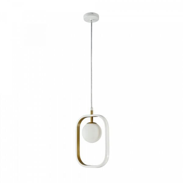biała, minimalistyczna lampa wisząca, klosz kula w metalowej orpawie