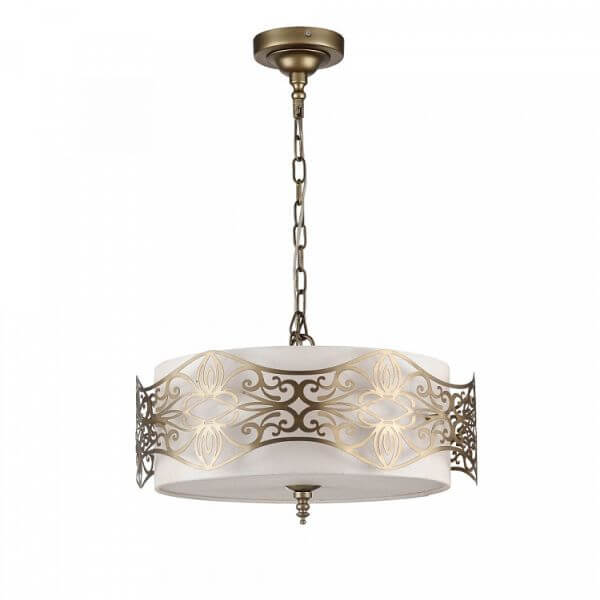 złota lampa wisząca z białym abażurem i złotym wzorem metalowym, styl klasyczny elegancki