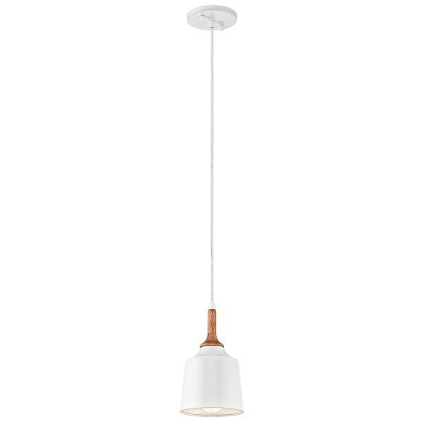 skandynawska lampa wisząca, biała z drewnianymi detalami - aranżacja salon, gabinet