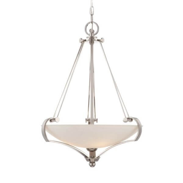 klasyczna lampa wisząca z mlecznym kloszem skierowanym w górę, srebrna obudowa, bardzo elegancka