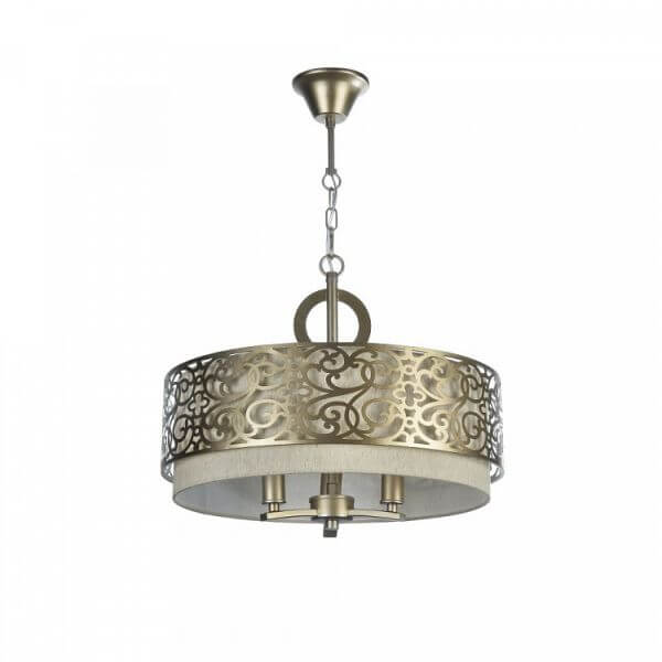 klasyczna lampa wisząca z beżowym abażurem i dekoracyjną, metalową oprawą złotą