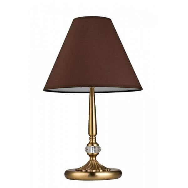 złota lampa stołowa z brązowym abażurem