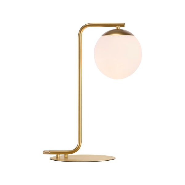lampa stołowa złota, minimalistyczna z kloszem szklaną kulą