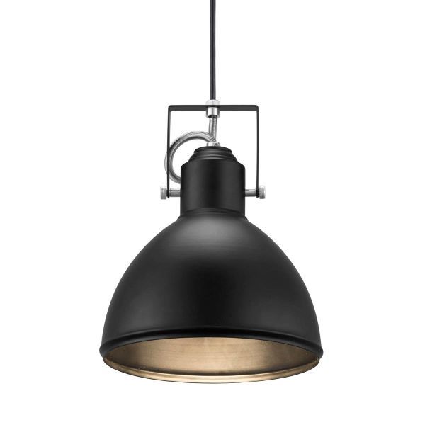 czarna lampa wisząca w stylu industrialnym, metalowy klosz, surowe wykończenie z metalu
