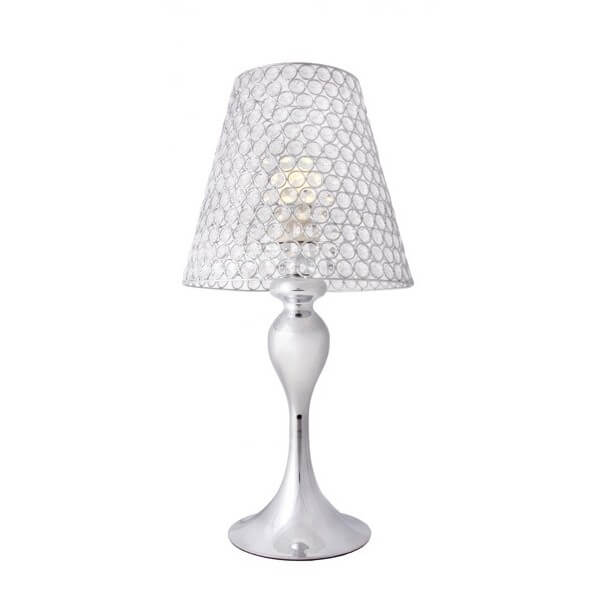 srebrna lampa stołowa z kloszem z kryształów