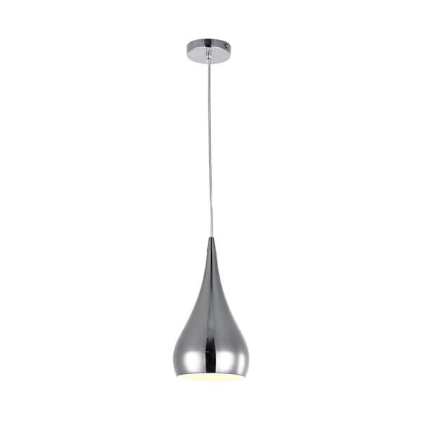 srebrna, nowoczesna lampa wisząca w kształcie stożka
