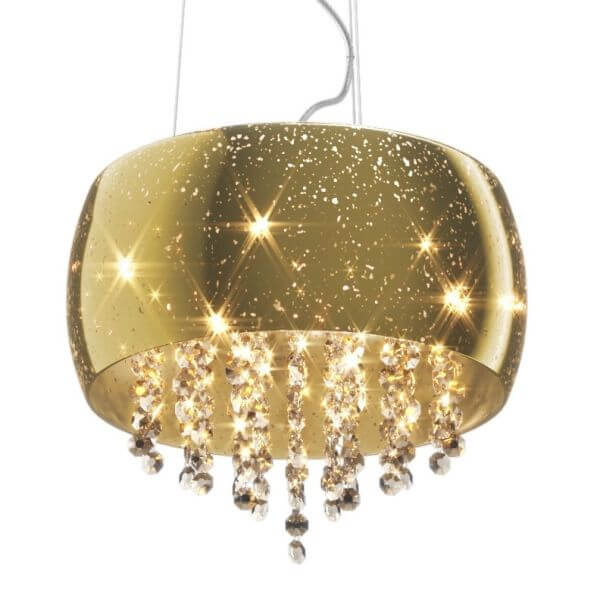 lampa wisząca połyskująca, złoty szklany klosz i wystające kryształki