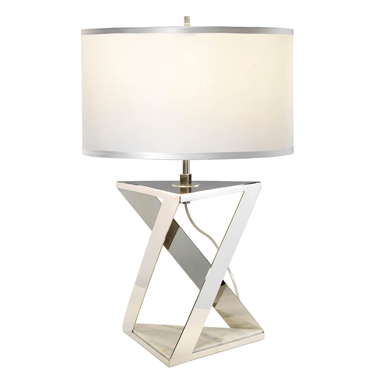 powyginana, geometryczna podstawa z marmurowym elementem, lampa stołowa z abażurem