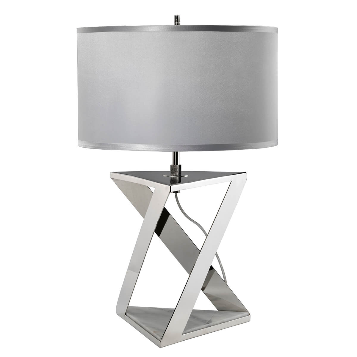 metalowa, geometryczna lampa stołowa z szarym abażurem z materiału
