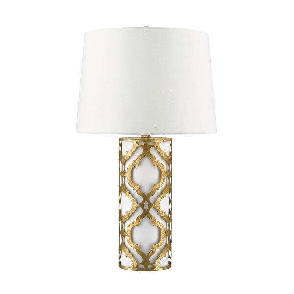 biało-złota lampa stołowa w metalową arabeskę