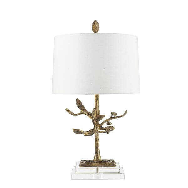 złota lampa stołowa z podstawą w kształcie drzewa z metalu, biały abażur, elegancka, stylowa