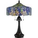 witrażowa, klasyczna lampa stołowa w niebieskich i fioletowych odcieniach
