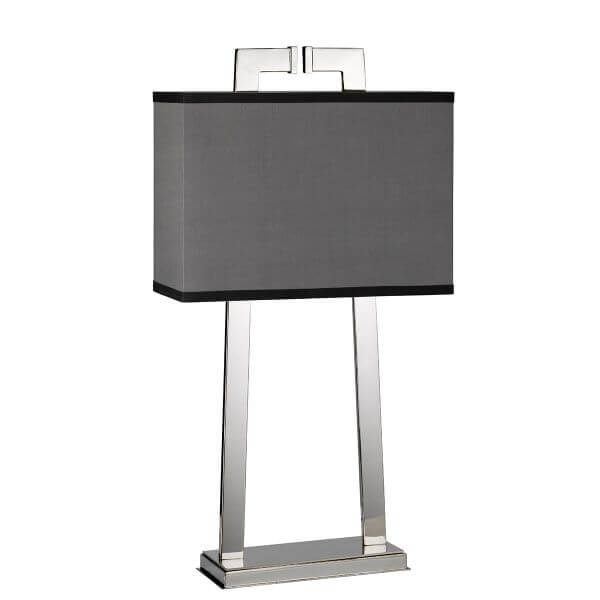 metalowa, srebrna lampa stołowa z szarym abażurem , nowoczesny design