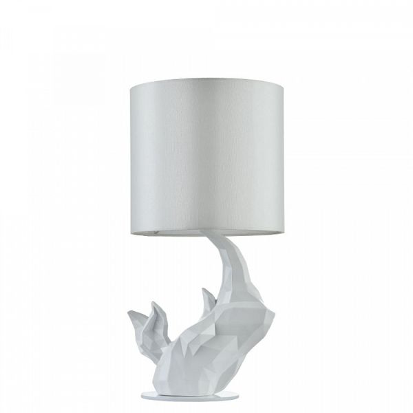 nowoczesna lampa stołowa biała, geometryczna podstawa w kształcie nosorożca