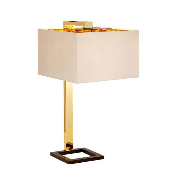 metalowa lampa stołowa, złota, z beżowym abażurem , geometryczna