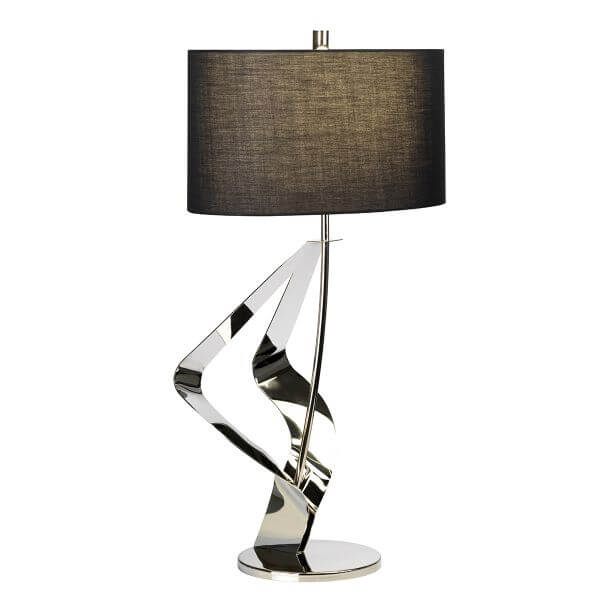 srebrna lampa stołowa w połysku, designerska, nowoczesna forma, czarny abażur