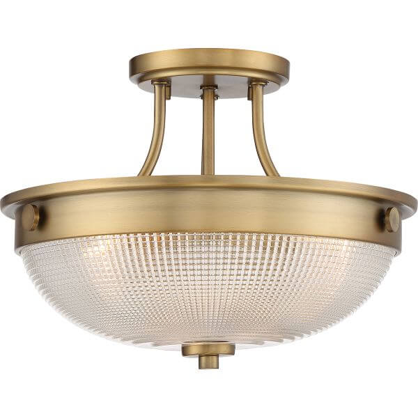 duża lampa sufitowa ze złotą, metalową ramą i kloszem z fakturowanego szkła
