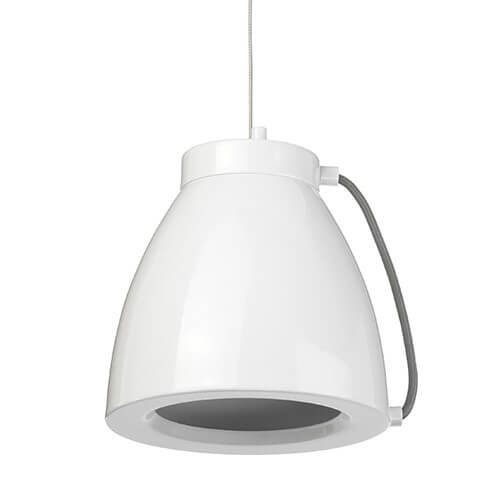 biała lampa wisząca w nowoczesnym, futurystycznym stylu