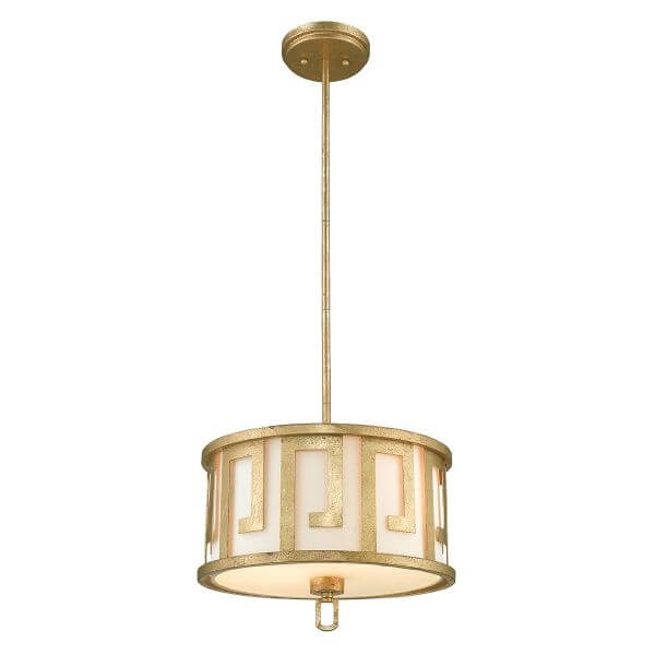 lampa wisząca ze złotym, metalowym wzorem w stylu greckim