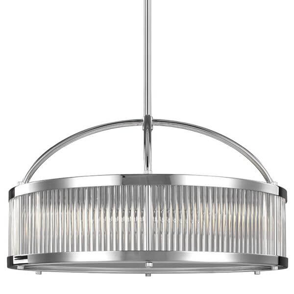 duża lampa wisząca w stylu industrialnym, nowoczesnym, srebrna ze szklanym kloszem