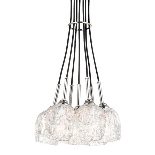 elegancka lampa wisząca z przewodami i szklanymi kloszami, jak kryształowe