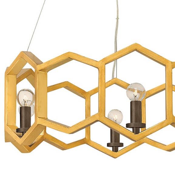 rustykalna lampa wisząca, oryginalna, kształt plastra miodu, złota