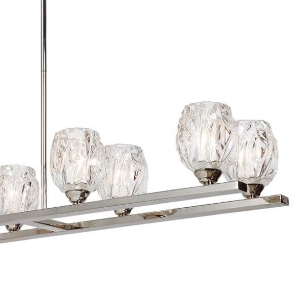 podłużna lampa wisząca ze szklanymi kloszami na srebrnej belce, lampa nad stół do jadalni