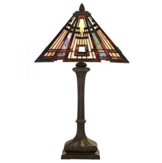Klasyczna lampa stołowa Craftsman - brązowa, witrażowy klosz