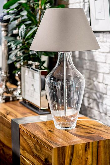 Elegancka lampa stołowa Valencia - szklana podstawa, szaro-beżowy abażur - 2