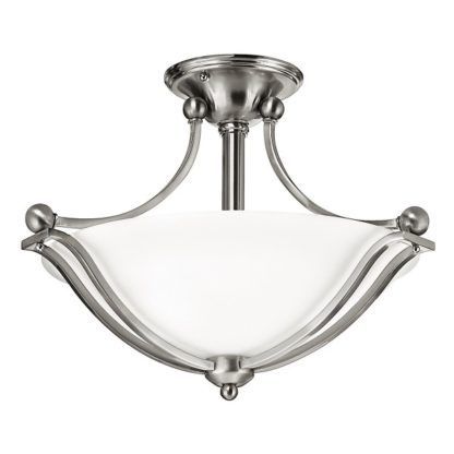 srebrna lampa sufitowa z białym kloszem