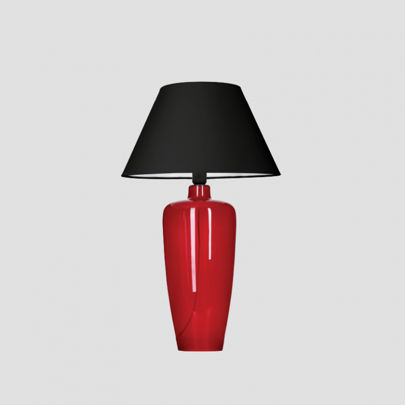 Oryginalna lampa stołowa Sevilla - czerwona, szklana podstawa, czarny abażur