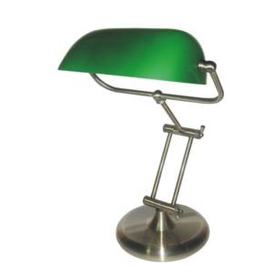 Elegancka lampa biurkowa Bank - srebrna podstawa, zielony klosz