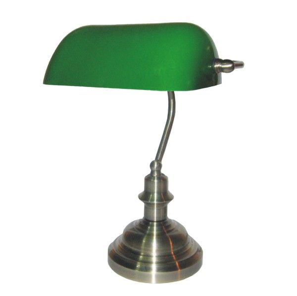 Klasyczna lampa stołowa Bank - srebrna podstawa, szklany klosz