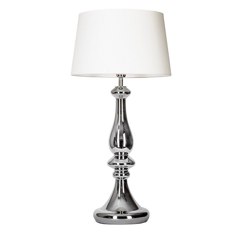 srebrna lampa stołowa biały abażur