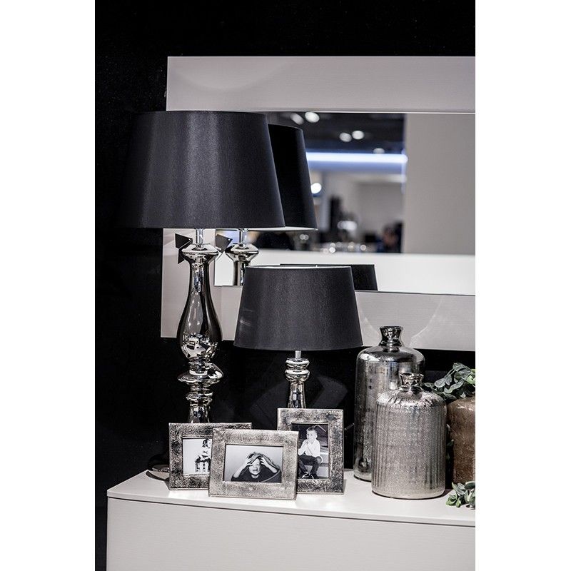 stylowa lampa stołowa srebrna z czarnym abażurem