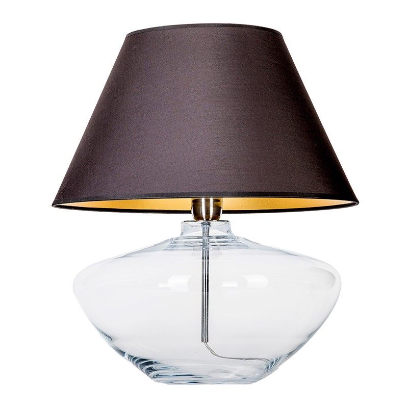 szklana lampa stołowa z ciemnym abażurem