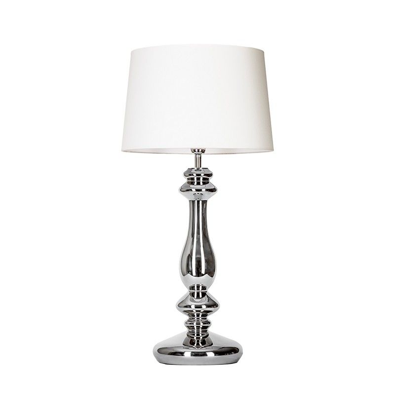 srebrna lampa stołowa z białym abażurem